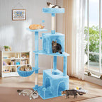 Cat Tree, 54-Inch Cat Tower for Indoor Cats,Plush Multi-Level Cat Condo with Scratching Posts, Basket, Perches,2 Caves,2 Pompoms(Blue)