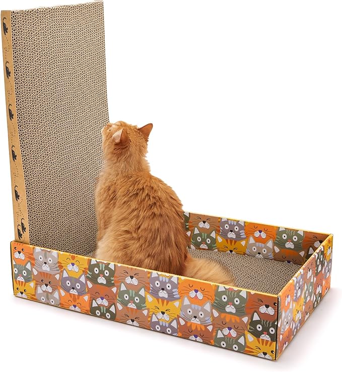 Set of 2 Cat Scratching Boxes, 17x10 in 6 Pcs Corrugated Cardboard Pad with 2 Boxes, Large Cute Reversible Kitty Sofa Bed, Refillable Wave Shaped Lounge, Interactive Kitten Toy for Indoor Cat