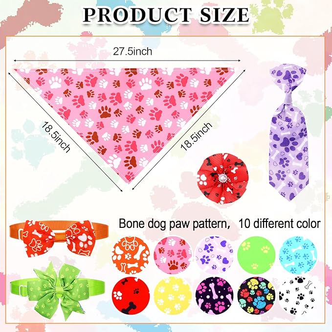 Hosuly 50 Pcs Paw Bone Print Dog Bandana Collar Set Value Package Includes Dog Bow Tie Necktie Collar Pet Scarf Bow Flowers Hexagonal Bowtie Cat Grooming Accessories for Pet Festival Photography