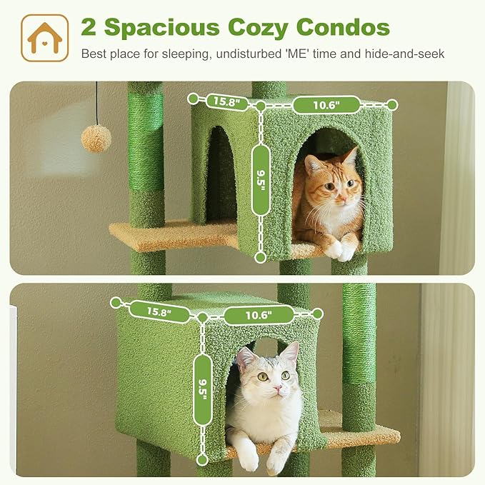 PEQULTI 62" Cat Tree for Indoor Cats, Multi-Level Cat Tower with Cozy Cat Condo Clearance Prime, Green