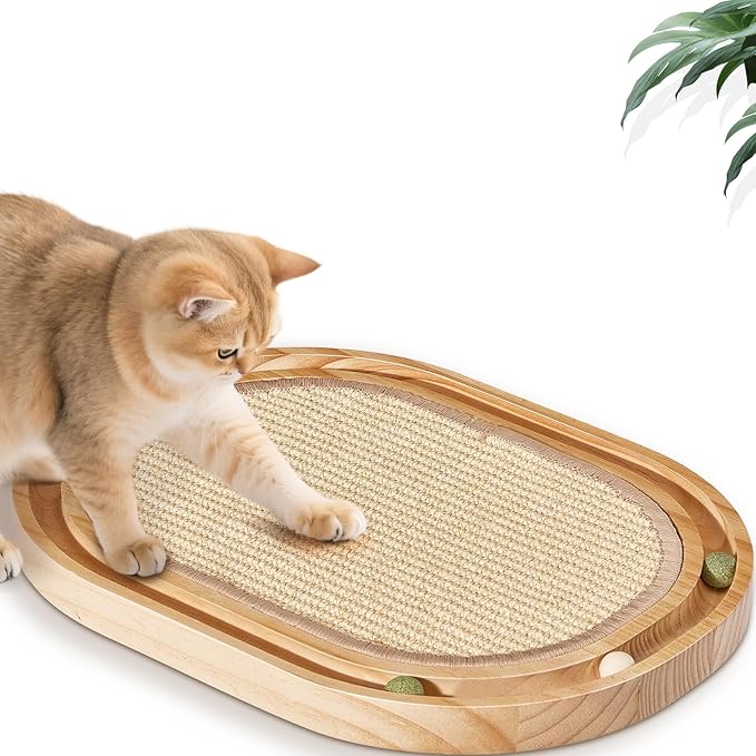 Oval Sisal Cat Scratcher with Ball Track - Woven Sisal Scratching Pad & Interactive Cat Toy, Wooden Track with 3 Toy Balls for Indoor Cats, No Assembly Needed