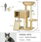 PawHut 38" Cat Tree for Indoor Cats, Cat Tower with Scratching Posts, Ramp, Condo, Toy Balls, Platform, Bed, Ramp, Beige