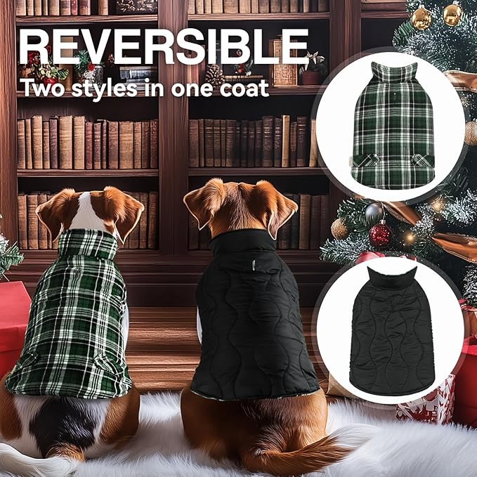 VIVAGLORY Softjoy Dog Coat, Dog Jacket for Winter & Christmas, Coat with Harness Hole, Reversible Plaid Checkered Warm Fluffy Heavy Duty for Puppy, XL, Green