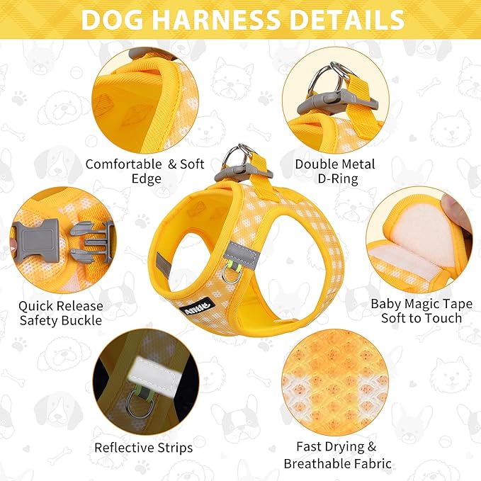 AIITLE Adjustable Dog Harness and Leash Set, Step in No Pull Pet Harness, Soft Mesh Reflective Plaid Vest Harnesses for Small Dogs Puppy and House Cats Outdoor Walking Running Yellow XS