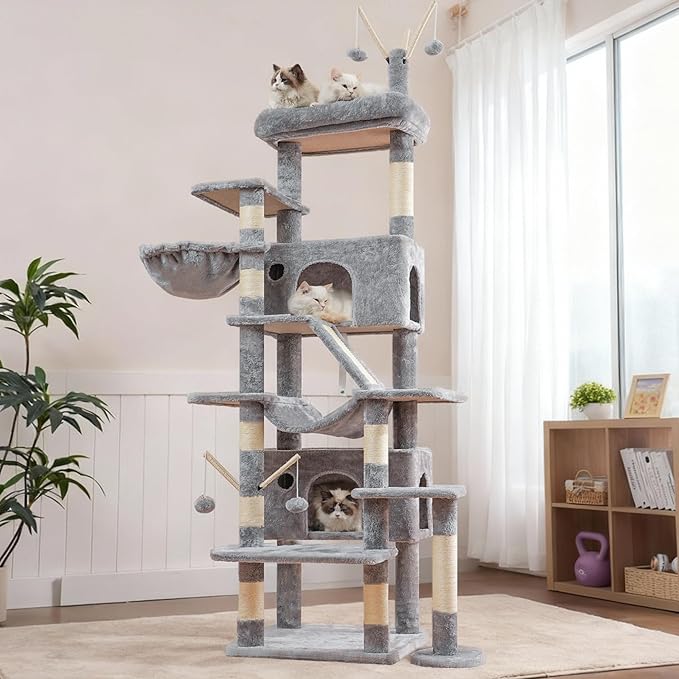 Hey-brother Cat Tree Tower, Sturdy Multi-Level Scratching Posts with Extra Supporting Part, 5 Teaser Toys, 2 Condos, Large Bed, Hammock, Scratch Baord for Indoor Cats, 82.7 Inches, Light Gray MPJ082W