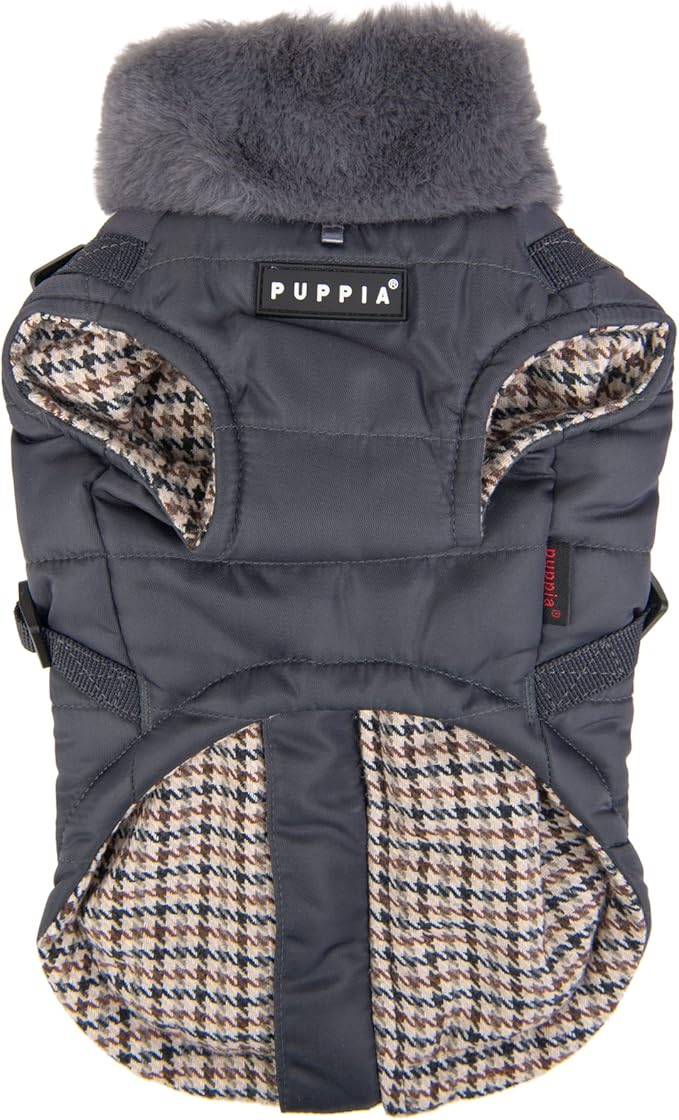 Puppia Donavan Winter Dog Coat with Integrated Harness No Pull Cold Weather Waterproof Warm Fleece Back Zipper for Small & Medium Dog, Grey, Medium