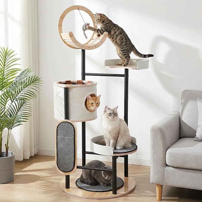 66-Inch Tall Cat Tree with Scratching Post Wooden Cat Tower with Dangling Ball Platform Hammock for Indoor Cats Large Adult