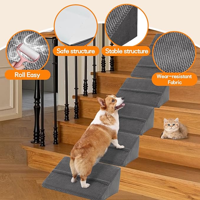Dog Ramp for Stairs for Small & Senior Dogs and Cats, Non-Slip Foam Indoor Pet Ramp with Self-Sticky Pads, Dog Ramp for Stairs Inside House(Dark Gray, 6 Pack)