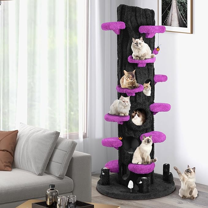 NUNU LAB 90.5 Inch Tall Cat Tree - Large Magic Forest Cat Tree Tower with Sisal Scratching Posts, Side Hideout & Platforms, Multi-Level Solid Wood Cat Condo with for Multi-Cat Homes (Large Purple)