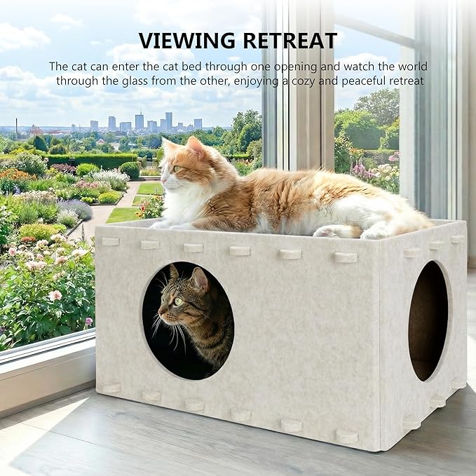 Cat House for Indoor Cats, Foldable Felt Cat Cave, Cat Hideaway, Cat Bed for Large & Multiple Cats, 23.6x15.8x11.8 inch, Cream
