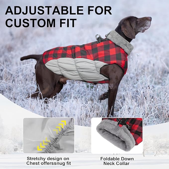 BEAUTYZOO Dog Winter Coat with Harness Built in, Reflective Plaid Puffer Vest Waterproof for Small Dogs, Fleece Warm Puppy Zipped Jacket with D Ring, Pet Cold Weather Sweater Clothes, Red S