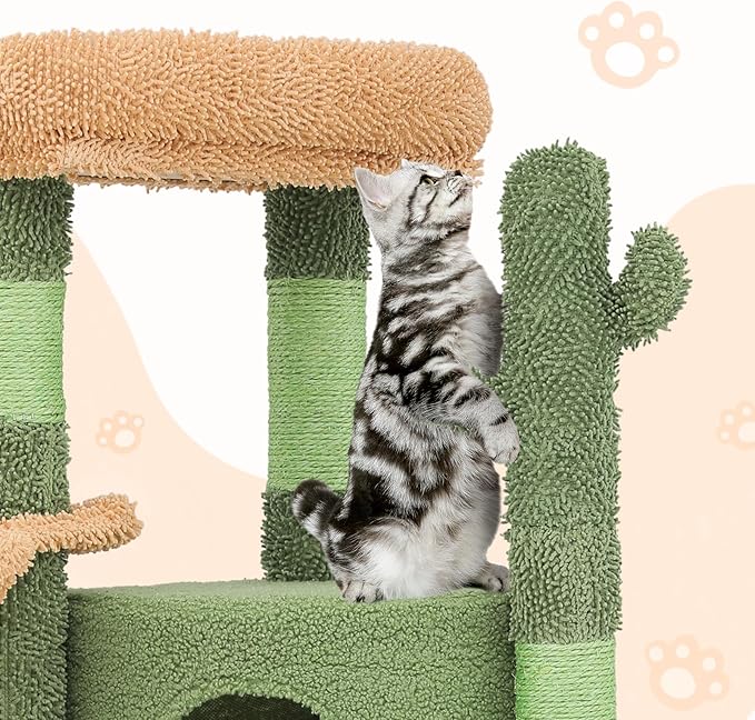 Cat Tree Cactus Design Cat Tower with Scratching Posts, Cat House Condo Perch and Ladder Small Cat Trees for Indoor Cats 42 Inches, Green/Light Brown