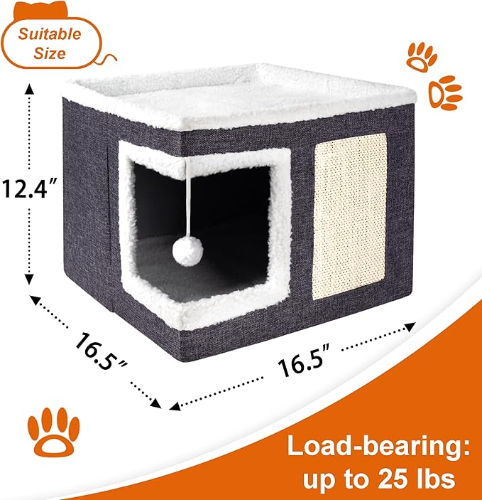 2 Pack Cat Houses for Indoor Cats - Large Cat Bed Cave with Scratch Pad and Fluffy Ball, Foldable Cat Hideaway Condo with Reversible Cushion for Multi Small Pet, Dark Grey