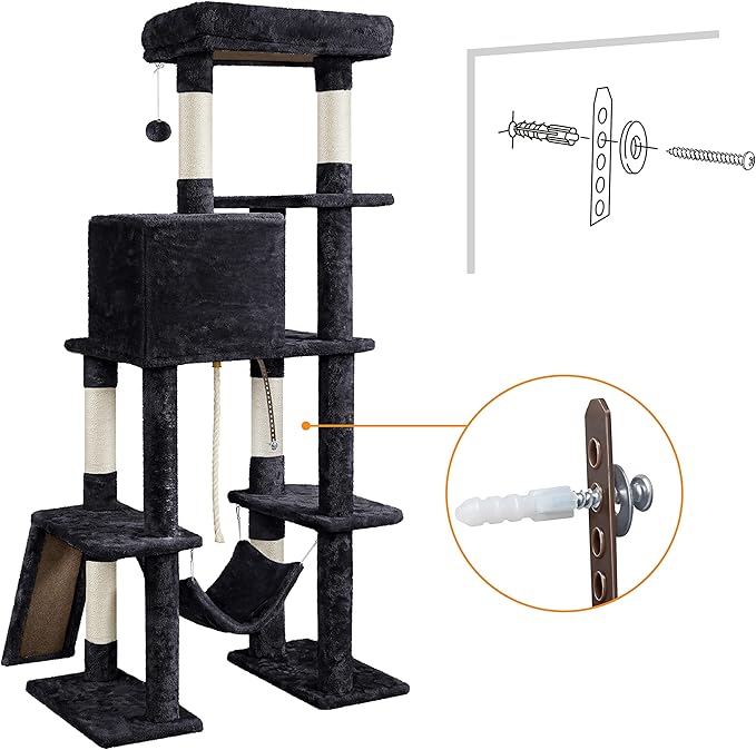 Topeakmart 63in Cat Tree, Large Cat Tower Furniture w/Cat Condo, Padded Platform & Sisal-Covered Scratching Post, Stable Cat Tower Pet Play House, Black