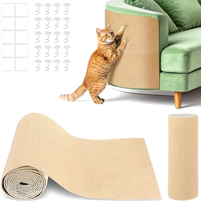 Cat Scratching Mat, Cats Scratch Furniture Protector Trimmable Self-Adhesive Carpet Mat DIY Cat Scratchers for Indoor Couch Wall Sofa Chair Cats Tree Shelves (118" x 15.75", Khaki)