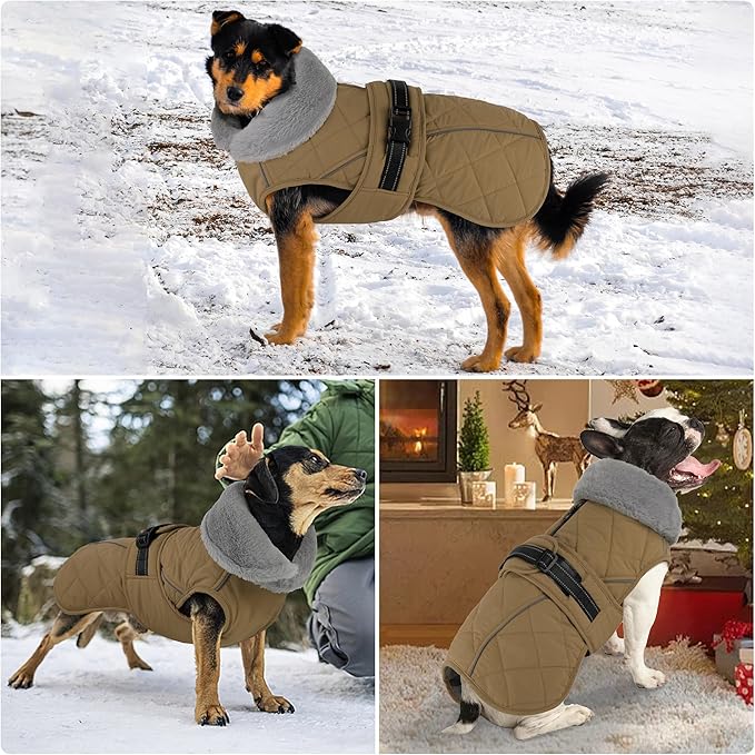 Dog Coat, Waterproof Dog Winter Jacket with Adjustable Buckle, Reflective Turtleneck Pet Snow Vest Warm Fleece Sweater for Small Medium Large Dogs - Khaki, 2XL