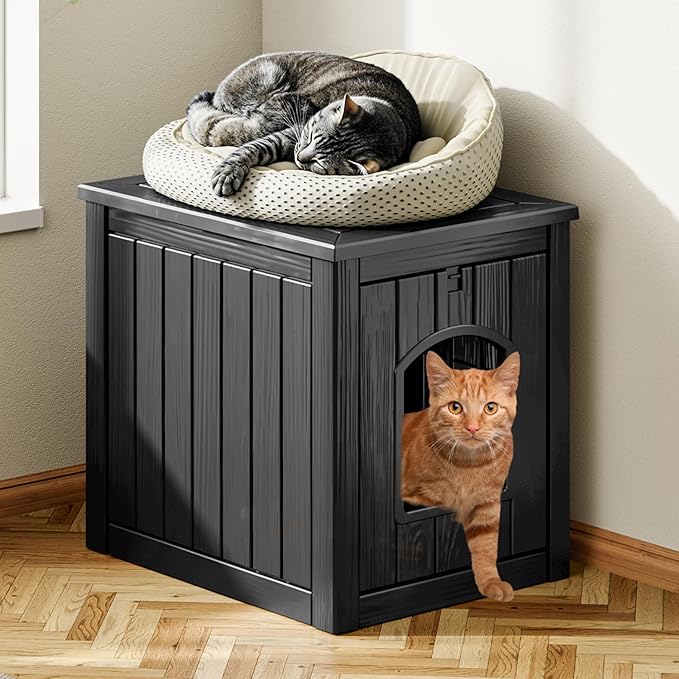 NUNU LAB Cat House for Indoor & Outdoor, Durable PP Plastic Cat Shelter with Easy Assembly & Cleaning, Cozy All-Season Pet House for Cats, Kittens & Small Pets (Black, Large)