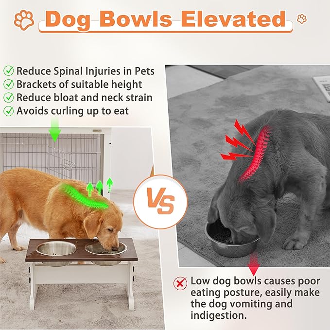 Piskyet Elevated Dog Bowls,Farmhouse Dog Bowls Stand, Raised Dog Bowl with 2 Stainless Steel Wooden Dogs Bowls 9 Cups 13.8''H_80 oz Bowl-Farmhouse Style