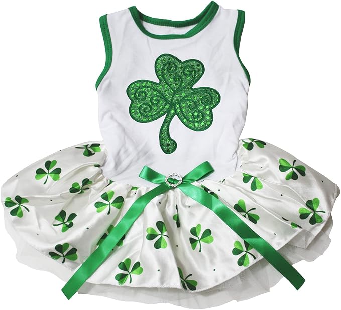 Petitebella Green Sequins Clover Puppy Dog Dress (White/Clovers, X-Large)