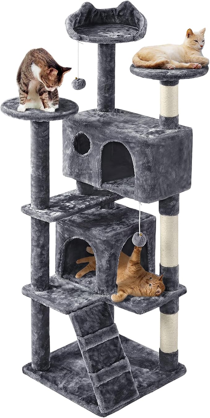 Topeakmart 61in Cat Tree for Indoor Cats, Cat Tower with Scratching Posts Spacious Perch & Platform for Kittens, Dark Gray