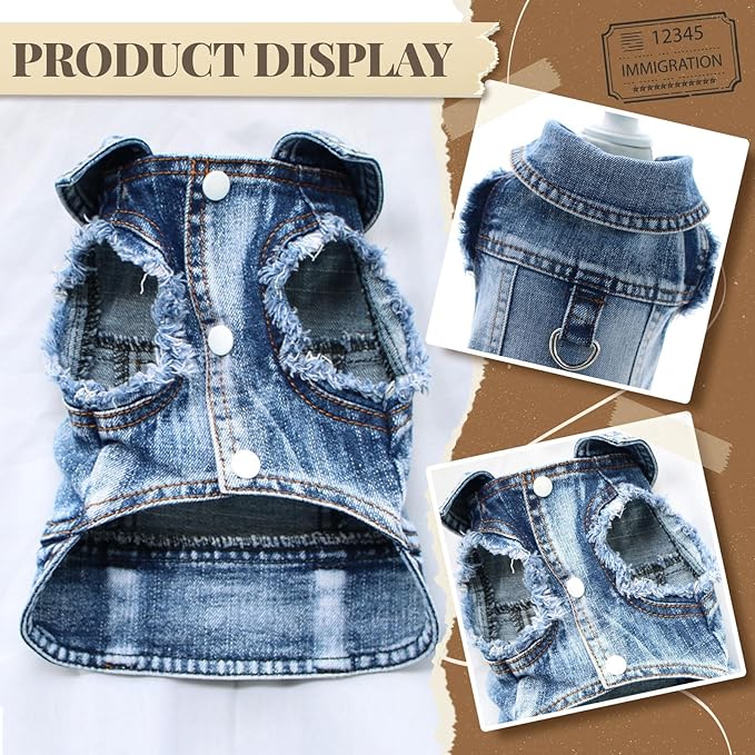 Cool Dog Jean Jacket Vest with D-Ring Blue Denim Dogs Outfits for Small Medium Dogs Cats Boy Male Dog Clothes Costume Dogggie Puppy Harness Coat for Frenchie Walking(Blue with D-Ring,XXL)