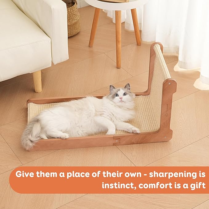 Sisal Cat Scratcher for Indoor Cats, Beechwood Base, Natural Sisal Woven Scratch Pad, Durable Scratching Post, Furniture Protector (L1)