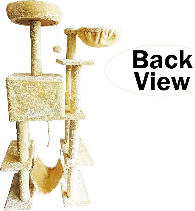 Beige Cat Tree Tower for Indoor Cats & Kittens, 57" Tall Multi-Level with Comfy Perch & Basket, Hideaway Condo, Sisel Scratcher Posts & Ladder, Ball Toys, & Dangling Rope - by SciencePurchase