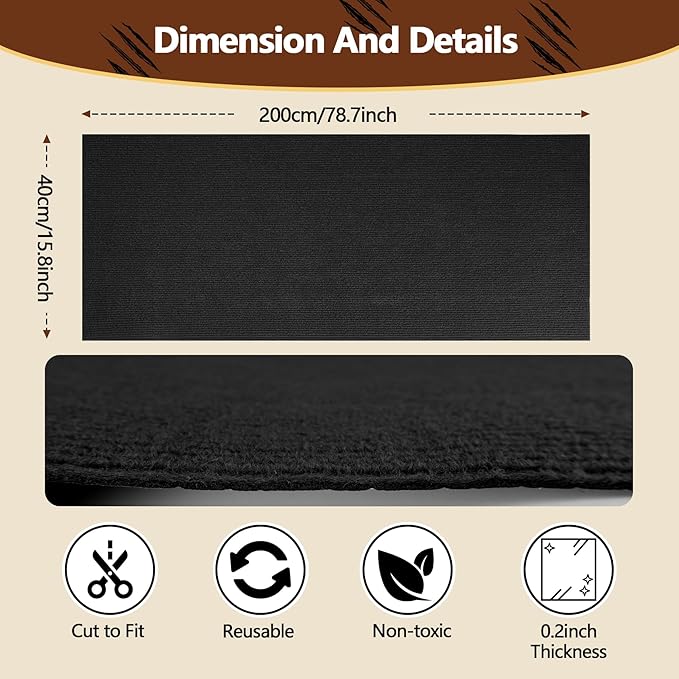 Cat Scratch Furniture Protector, 78.7"x15.8" Self Adhesive Cat Scratch Mat Pad,Cut to Fit DIY Replacement Carpet for Tree,Wall,Bed,Door, Couch Protector (Deep Black)
