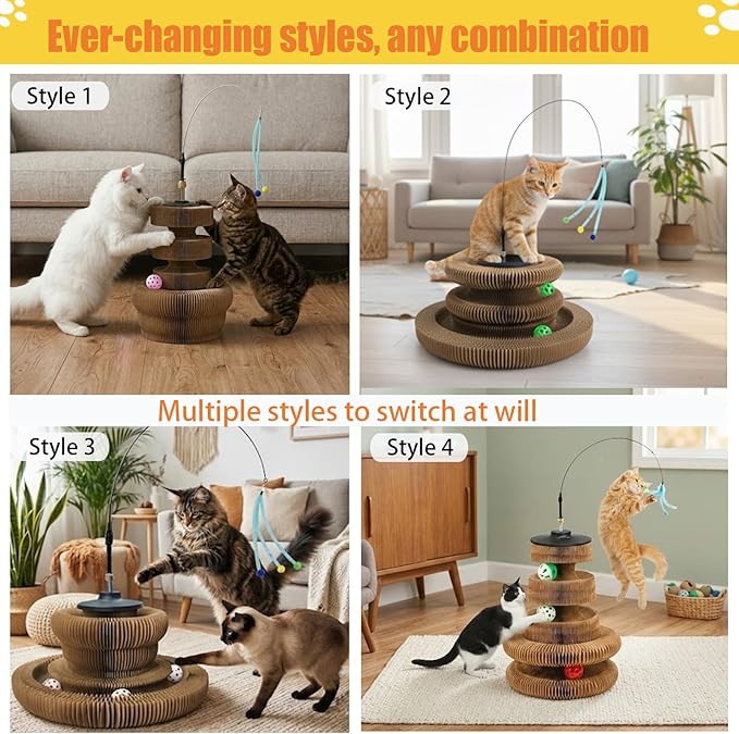Magic Organ Cat Scratcher Toy, Kitty Curls Cat Scratcher Accordion Foldable Kurlz-Style Cat Toy with Strong Suction Cup & Metal Teaser Wand - DIY Interactive Shapes for Indoor Cats