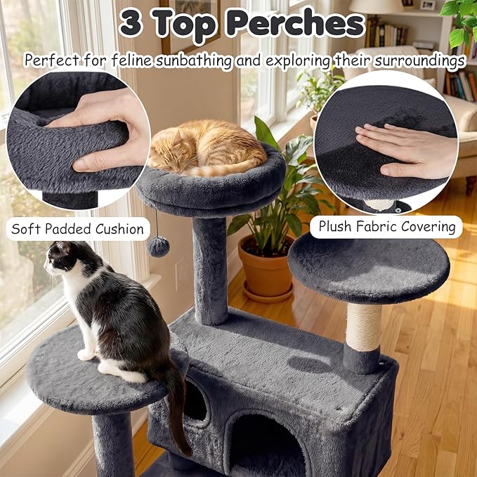 Tangkula Cat Tree Tower, 52 Inch Multi-Level Cat Tower with Sisal Scratching Posts, Cushioned Top Perch, Large Dual Condos & Ladder, 2 Hanging Balls, Jumping Platforms for Indoor Cats (Dark Gray)