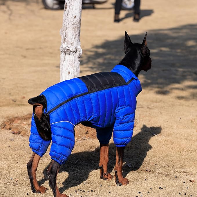 Dog Warm Jacket Coat, 4 Legs Covered, Waterproof Windproof Reflective, Zippered Adjustable Outdoor Snow Jacket for Small-Medium-Large Dogs Blue