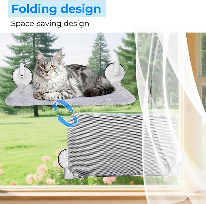 L&W BROS. 2PC Cat Window Perch with Lever Lock Suction Cups Holds up to 50 lbs Foldable & Space Saving Design Heavy Duty Window Hammock for Large or Multiple Cats (M 2Pc)