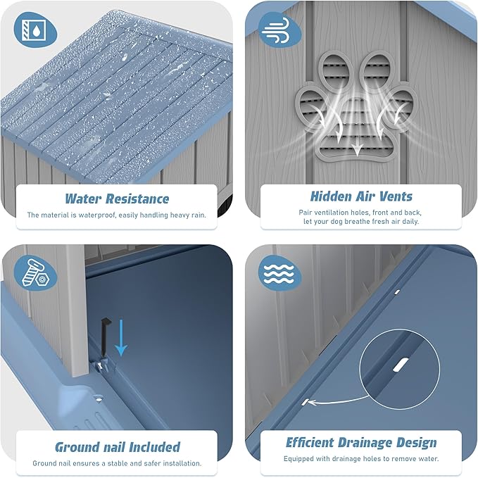 Fancyango Dog House Outdoor Indoor, Weatherproof Dog House with Elevated Floor and Air Vents for Small to Medium Dogs,Easy Clean and Assemble (Blue1, 26.18''L × 24.02''W × 25.98''H)