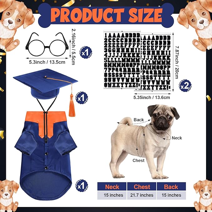 5 Pcs Dog Graduation Costume Set Include 2026 Pet Graduation Gown with Stole Puppy Grad Cap Lensless Glasses DIY Letter Stickers for Dogs Cats Holiday Costume Accessory(Blue Orange,M)