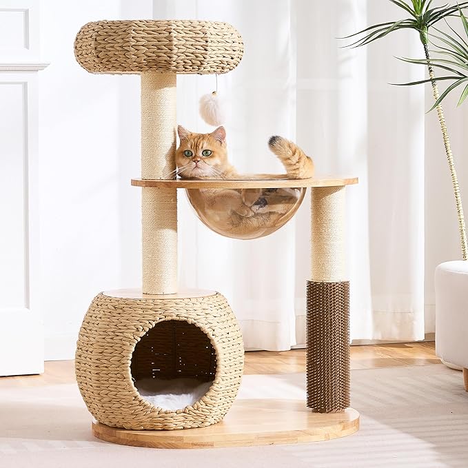 Modern Solid Wood Cat Tree Tower for Indoor Cats Large Adult, 38 inch Corner Cat Tree with Handmade Rattan Cat Bed, Luxury Aesthetic Cat Tree with Rattan Cave, Space Capsule, Groomer, Scratching Post