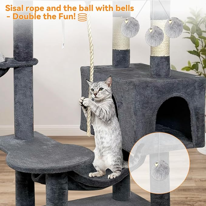 58" cat Tree Tall, Large Multi-Level Cat Condo with Sisal Leaf Scratching Posts, Sturdy Construction Easy Assembly, Indoor Pet Furniture,Gray