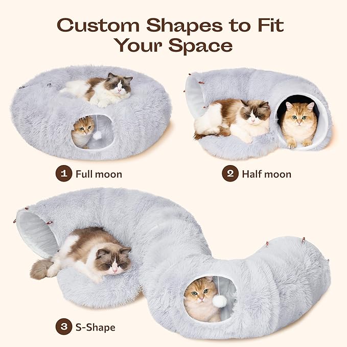 Meowfia Indoor Cat Tunnel with Donut Bed - Large Flexible Play Space for Multiple Pets - Circle or Snake Shape, Cozy Lounge (Grey)
