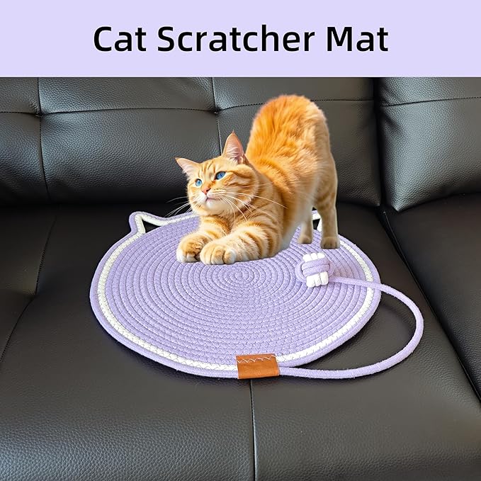 Cat Scratcher Mat, Natural Cotton Rope Cat Scratching Pad, 16.9'' Round Cat Wall & Floor Scratch Pad, Durable Double - Sided Cat Scratcher, Furniture Protector for Wall, Sofa, Couch, Carpet, Violet