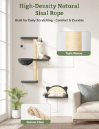 5-in-1 Cat Wall Shelves, Solid Wood & Velvet & Sisal Scratcher, 44lbs Max Load, Wall Mounted Cat Furniture for Climbers, Cat Climbing Wall System, Fits Drywall & Solid Walls - Dark Gray