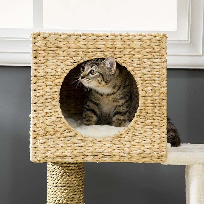 PawHut Cattail Weave Cat Tree for Indoor Cats Kitty Tower with Rattan Cat Condo, Wicker Bed, Ladder, Washable Cushions, 22.5" x 14.5" x 39.5", Natural
