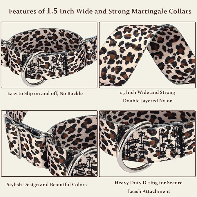 1.5 Inch Martingale Collar for Dogs - Dog Training - Big, Wide & Thick Dog Collar - Escape-Proof, Durable and Comfortable- for Large Breeds Walking, Running & Training -Leopard Extra Large