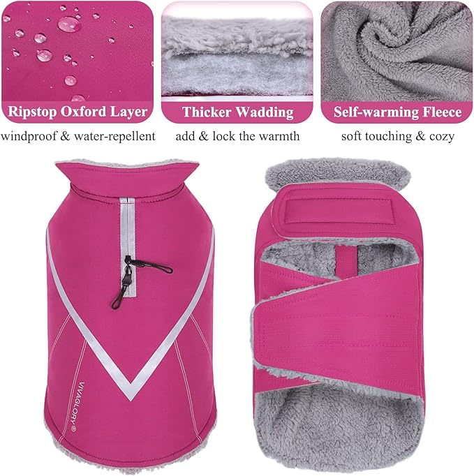 VIVAGLORY Snowrap Dog Coat, Jacket with Harness Hole, Dog Coat for Winter & Cold Weather, Fluffy Warm Fleece Lined Reflective Water Resistant for Puppy, L, Fuchsia