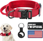 Tactical Dog Collar and Bungee Leash, Military & Leash Set with USA American Flag Adjustable K9 Heavy Duty Metal Buckle Handle, Patches Airtags Case (L, Red(1PCS))