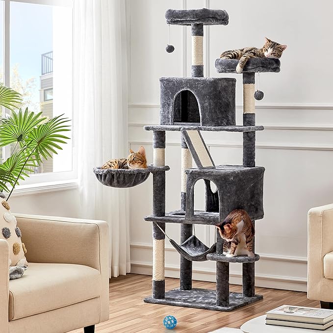 Yaheetech Cat Tree, 71.5in Cat Tower for Indoor Cats, Cat Tree with 2 Cozy Condos, 2 Padded Perches, Scratching Posts & Ramp, Hammock, Cat House Activity Center, Dark Gray