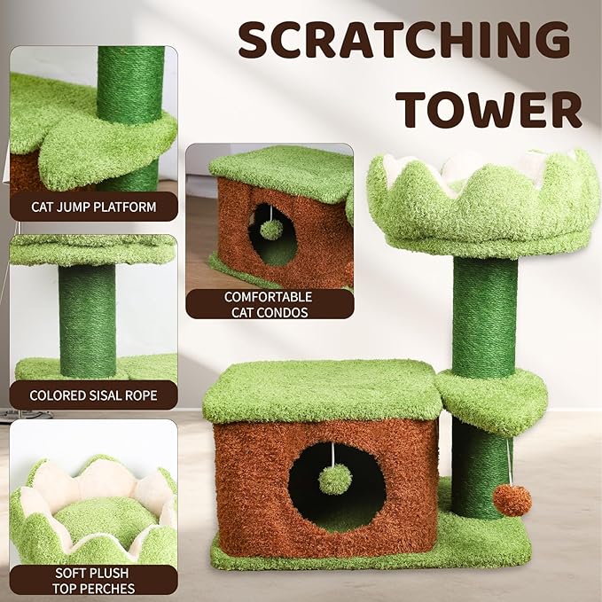 Zamaya Flower Cat Tree for Indoor Cats Large Adult,Easy to Assemble, Modern Cat Tower with Soft Cat Cave with a Window,Sisal Scratching Posts,Dangling Toy,(25.9" H) Green