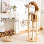 797Audio Wood Modern Cat Tree, 61.5" Cat Tower with Sisal Scratching Posts, Cat Condo, Capsule,Hamnock and Spinner Toy, Solid Wooden Aesthetic Multi-Level Cat Climbing Tree for Adult Indoor Cats-White