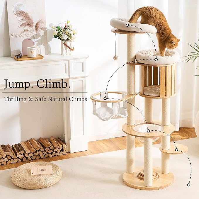 797Audio Wood Modern Cat Tree, 61.5" Cat Tower with Sisal Scratching Posts, Cat Condo, Capsule,Hamnock and Spinner Toy, Solid Wooden Aesthetic Multi-Level Cat Climbing Tree for Adult Indoor Cats-White