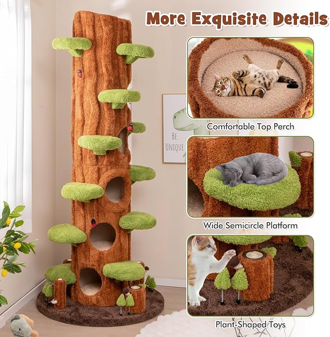 PETSITE 90.5 Inch Tall Cat Tree, Tree-Like Modern Cat Tower with Sisal Scratching Pad, Five Cat Condos, Cute Hanging and Spring Toys, Large Cat Tree Tower for Indoor Cats (Brown)