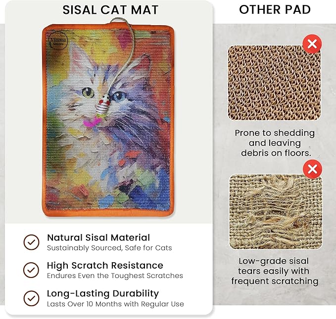 Sisal Cat Scratcher Mat [+ Sisal Mouse Toy] – Wall & Couch Protector, Carpet & Floor Scratching Pad, Durable Non-Toxic & Shedding-Resistant (Watercolor Cat)