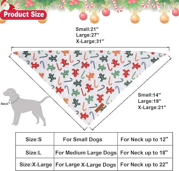 ADOGGYGO Christmas Dog Bandanas, Xmas Tree Candy Scarf, Premium Durable Fabric, White Christmas Bandanas for Medium Large Dogs Pets (Large)